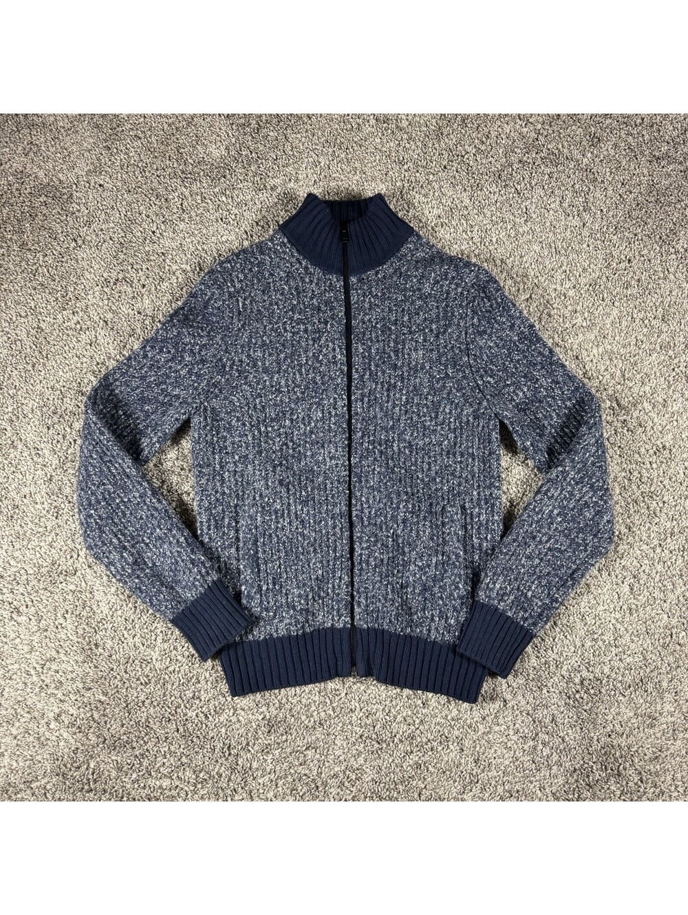 Banana Republic Sweater Mens Large Blue Cotton Blend Full Zip Mock Neck Knit